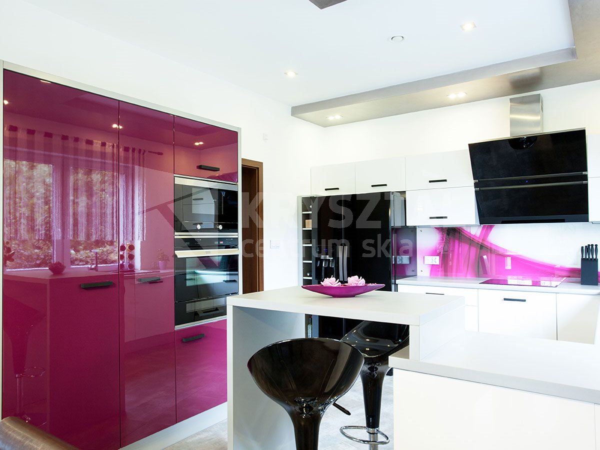 View of modern kitchen with purple elements